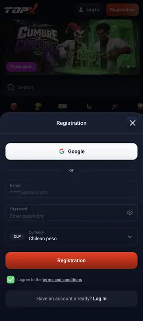 Pantalla de TopX: pantalla de registro con el peso chileno como moneda
